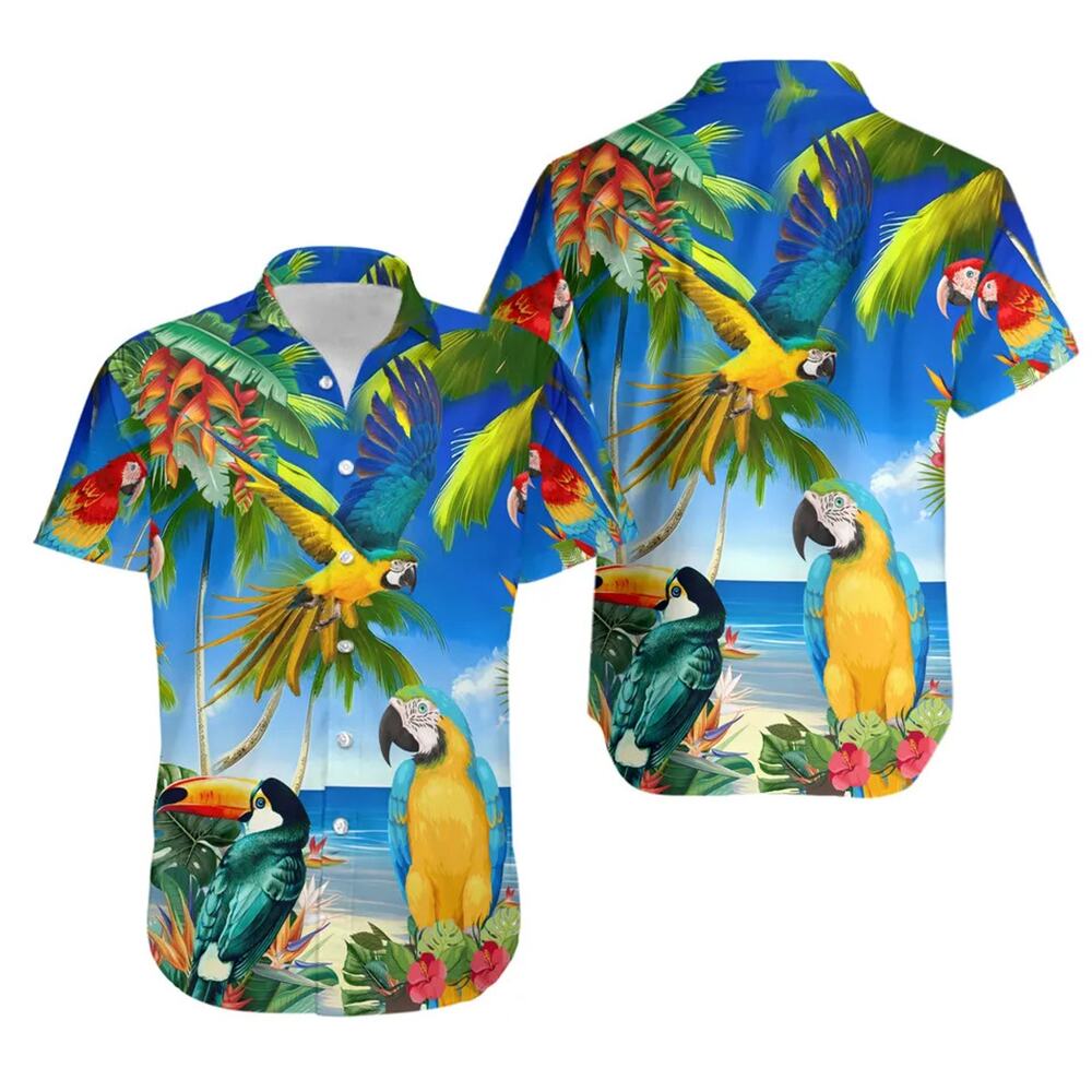 Colorful Tropical Macaw Parrot Toucan Jungle Beach Hawaiian Shirt Aloha Top